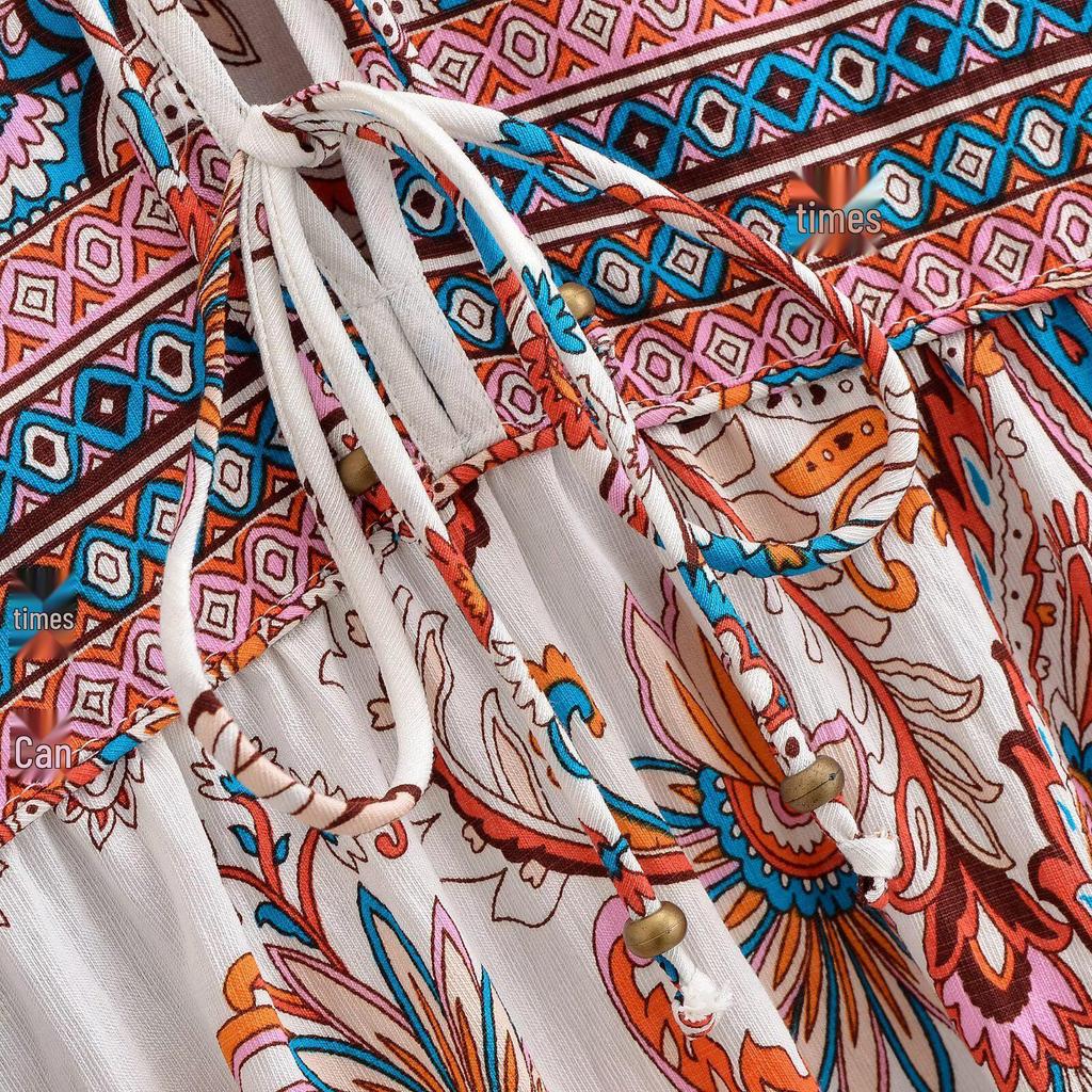 Spring 2026 European & American Style Women's Bohemian Tassel Dress with Print - Loose Fit