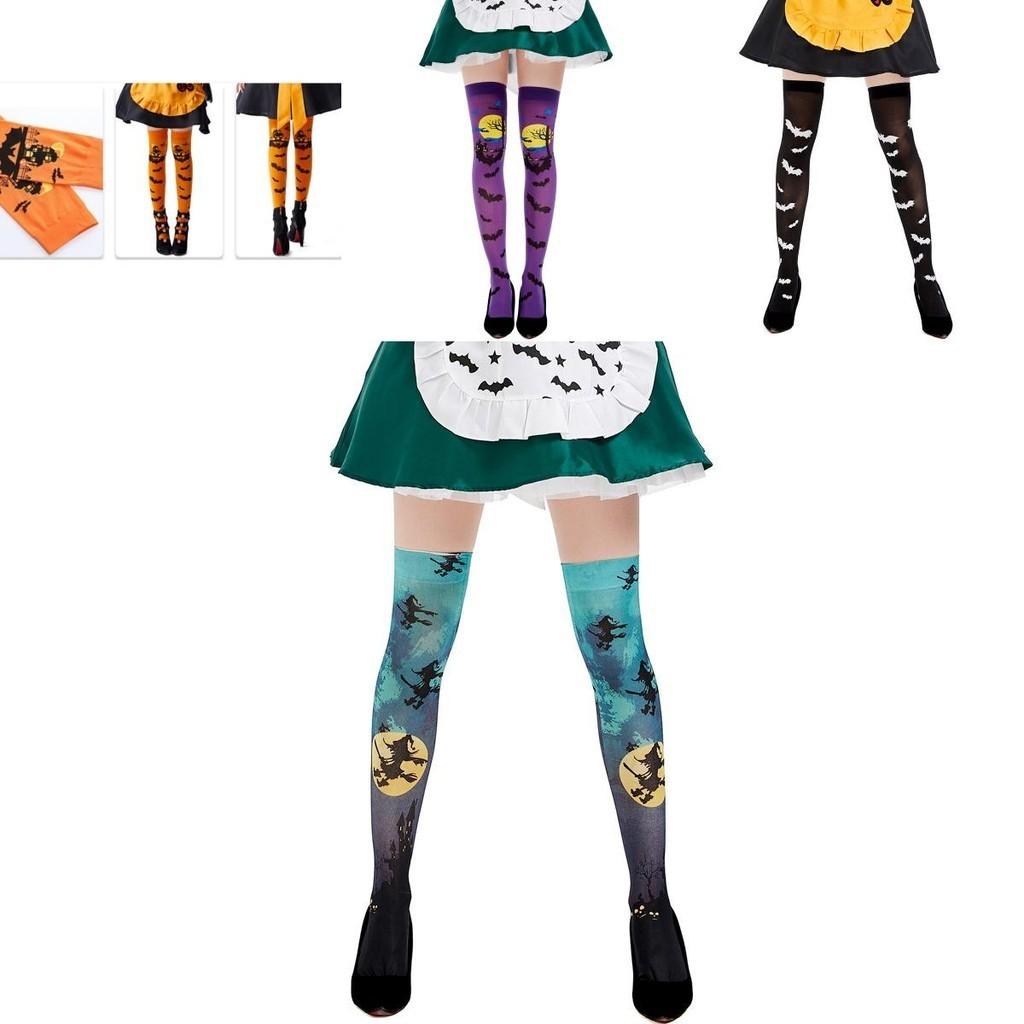 Halloween Ladies Bat Print Over Knee Cosplay Costume Stockings Comfortable Polyester Material