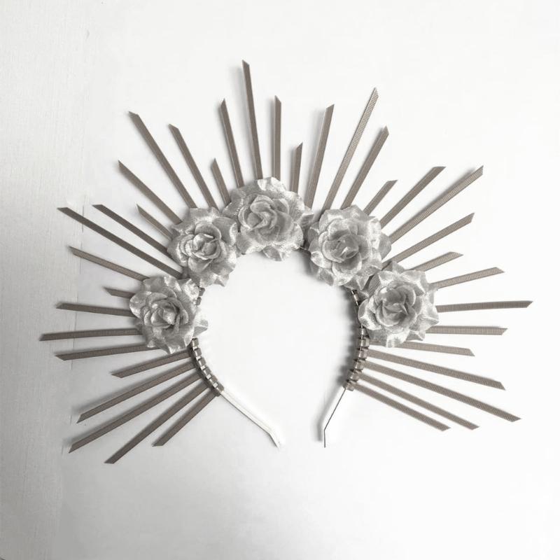 Cerc de păr cu flori steampunk, costum de Halloween gotic întunecat, piesă de cap cu țepi, bentiță punk artistică reglabilă