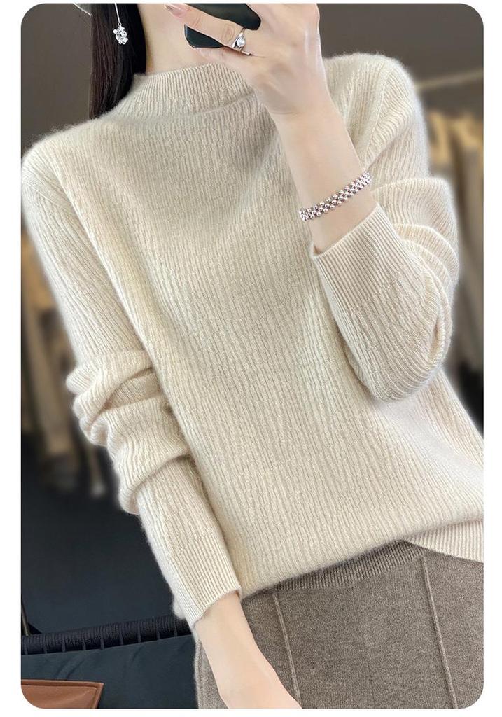 Women's 100% Pure Wool Half-High Collar Sweater - Loose Fit, Solid Color, Versatile Knitwear for Fall/Winter 2024.