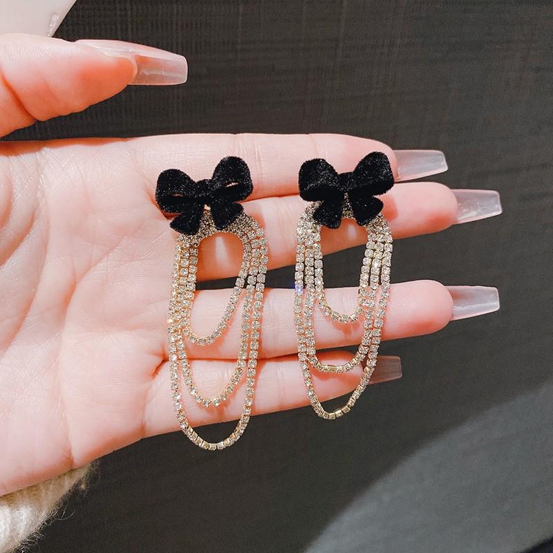 Korean sweet fringed diamond flocking bow long fringed earrings personalized chain earrings