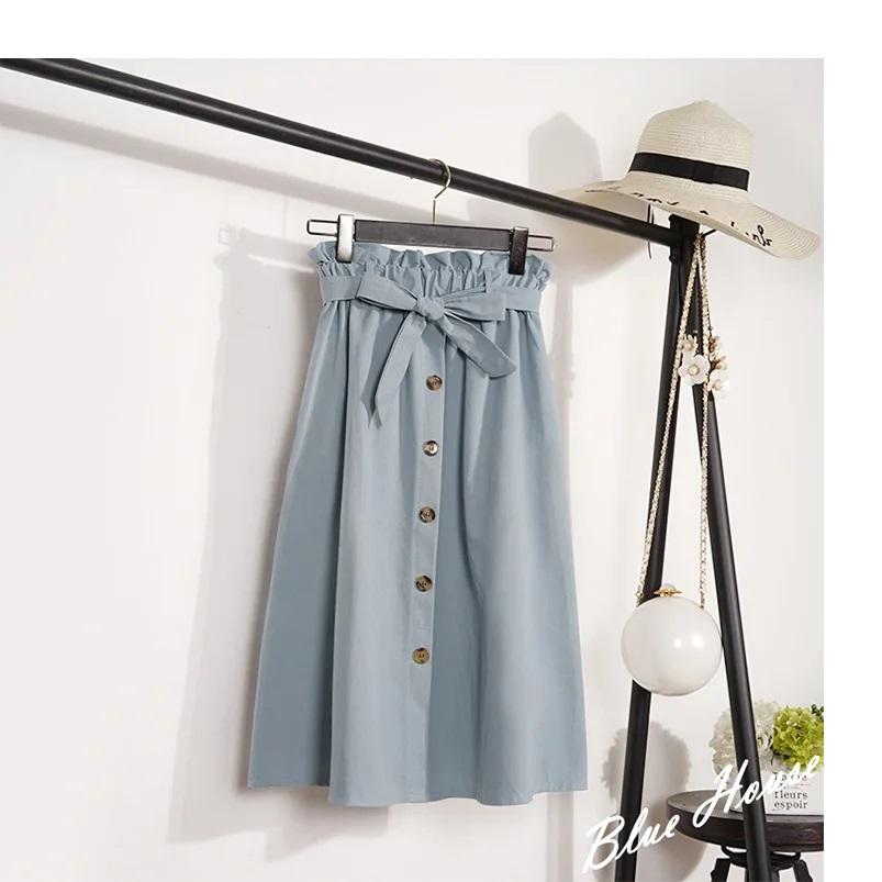 

Summer Autumn Skirts Womens Midi Knee Length Korean Elegant Button High Waist Skirt Female Pleated School Skirt One Size небесно-голубой
