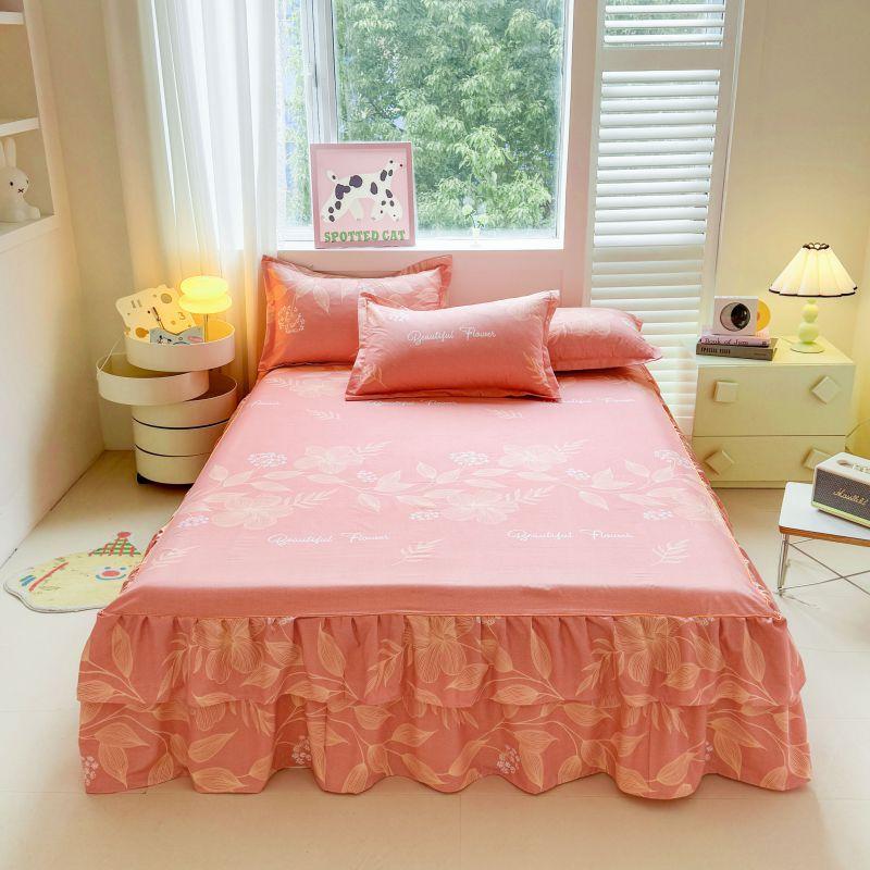 3pcs Modern Korean Floral Bed Skirt Set with Lotus Leaf Embellishments and Princess Floral Pattern, All-Season Brushed Light Beige-Friendly Bedding