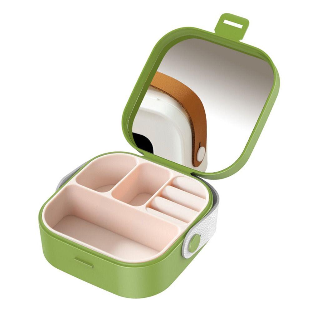 

PU Handle Silicone Liner Jewelry Box Solid Color Earring Organizer Unique Necklace Ring Case Girls Green-With Mirror