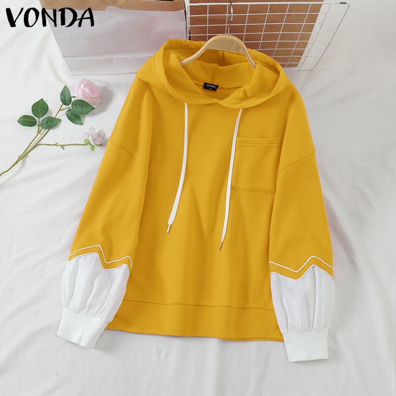 VONDA Autumn Women Long Sleeve Stitching Hooded Sweatshirts S