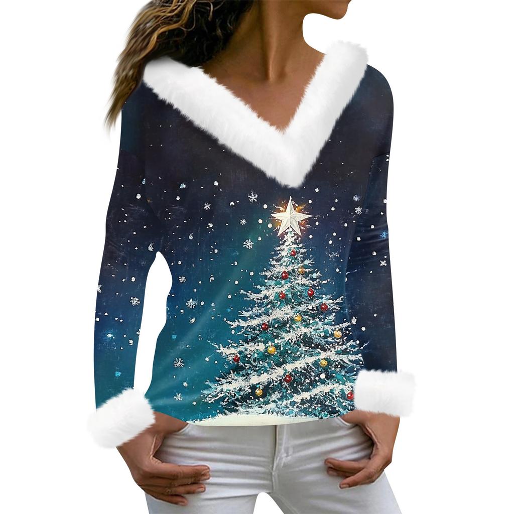 Women's T Shirt Tee Print Shirt Long Sleeve Party Fleece Collar V Neck  Top