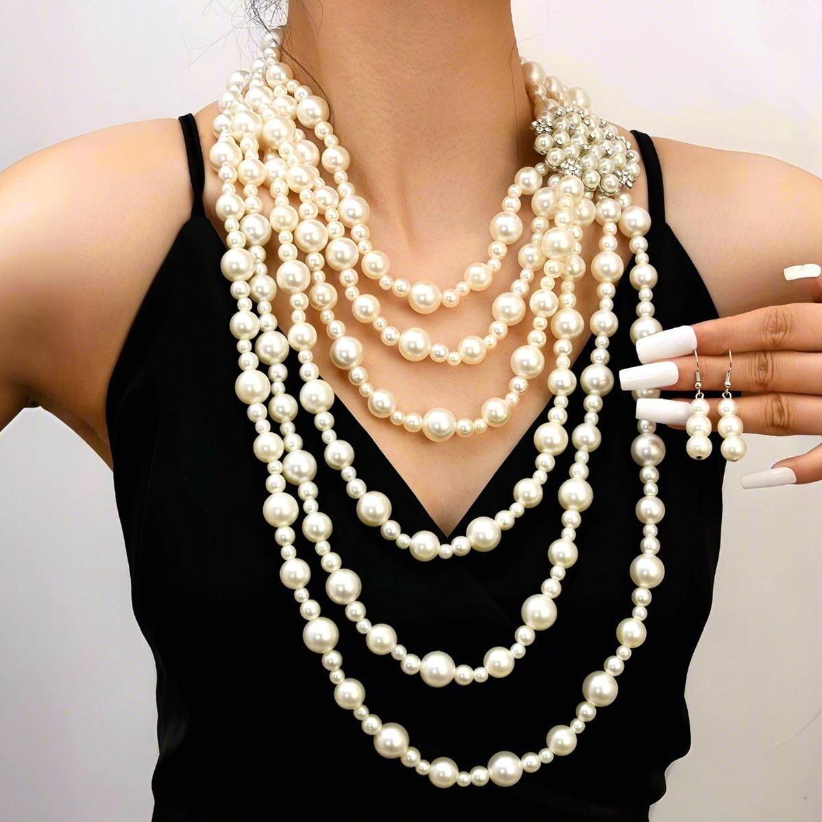 

Преувеличенное многослойное ожерелье из искусственного жемчуга, серьги с бриллиантами и цветами, великолепная цепочка для свитера для женщин серебряный