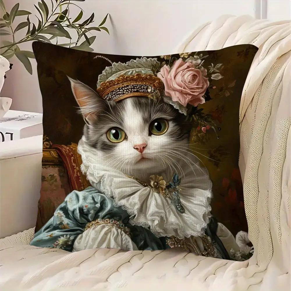 2D Flat- Vintage Royal Cat Portrait Throw Pillow Cover Renaissance Aristocrat Cat Cushion Case For Home Decor Peach skin 18*18(CM)-1Pcs