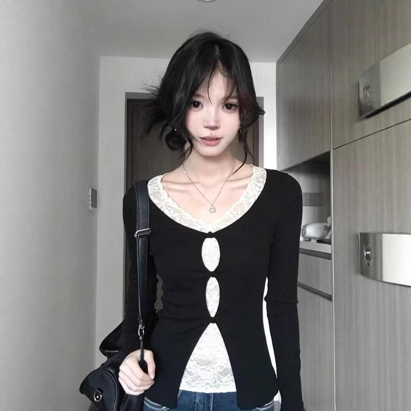 

Women s Sweet & Spicy Lace Slim Long Sleeve Top - Korean Spring Style (Black) S чёрный