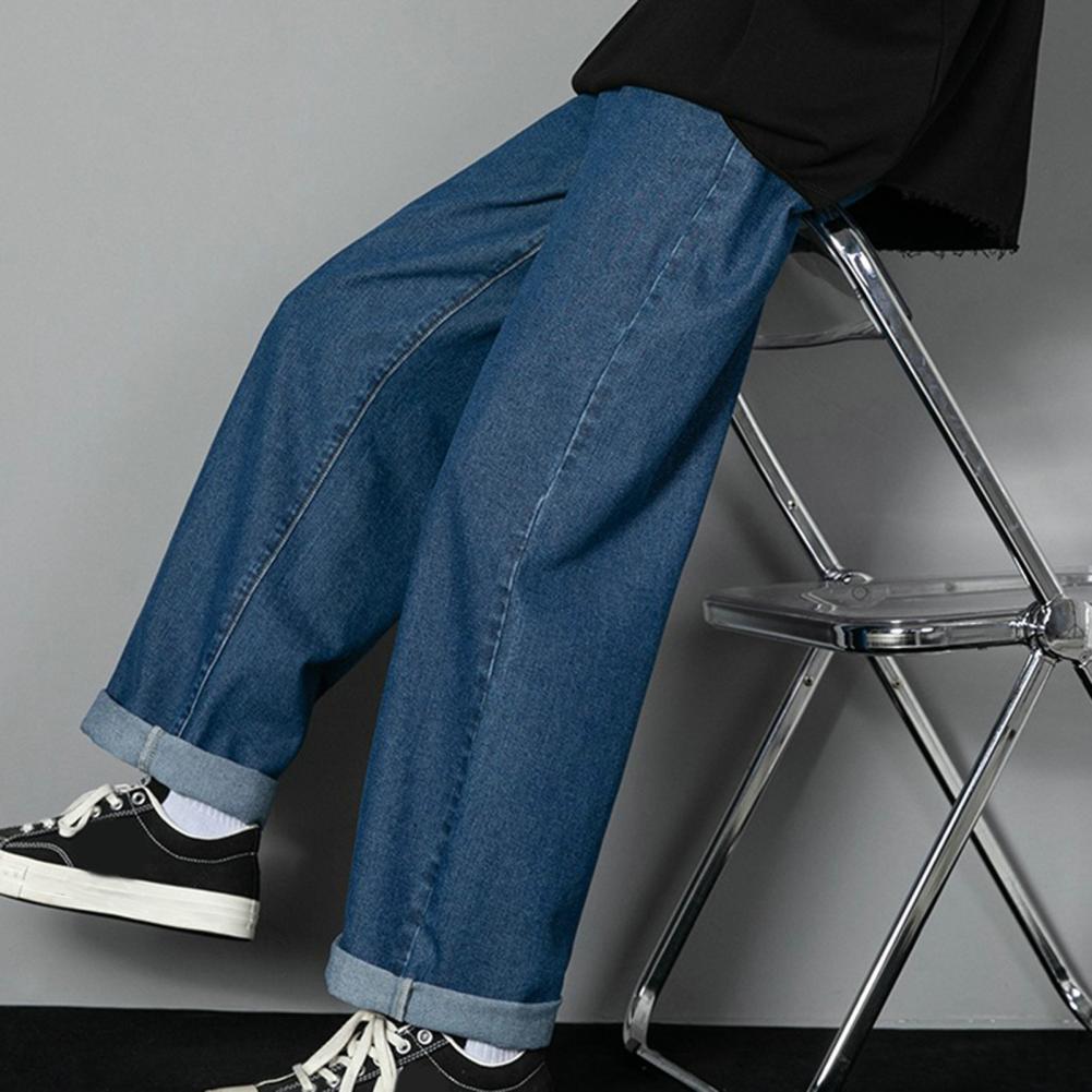 Men Pants Straight Wide Leg Loose Deep Crotch Solid Color Retro Soft Breathable Button Zipper Closure Streetwear Men Long Trouse