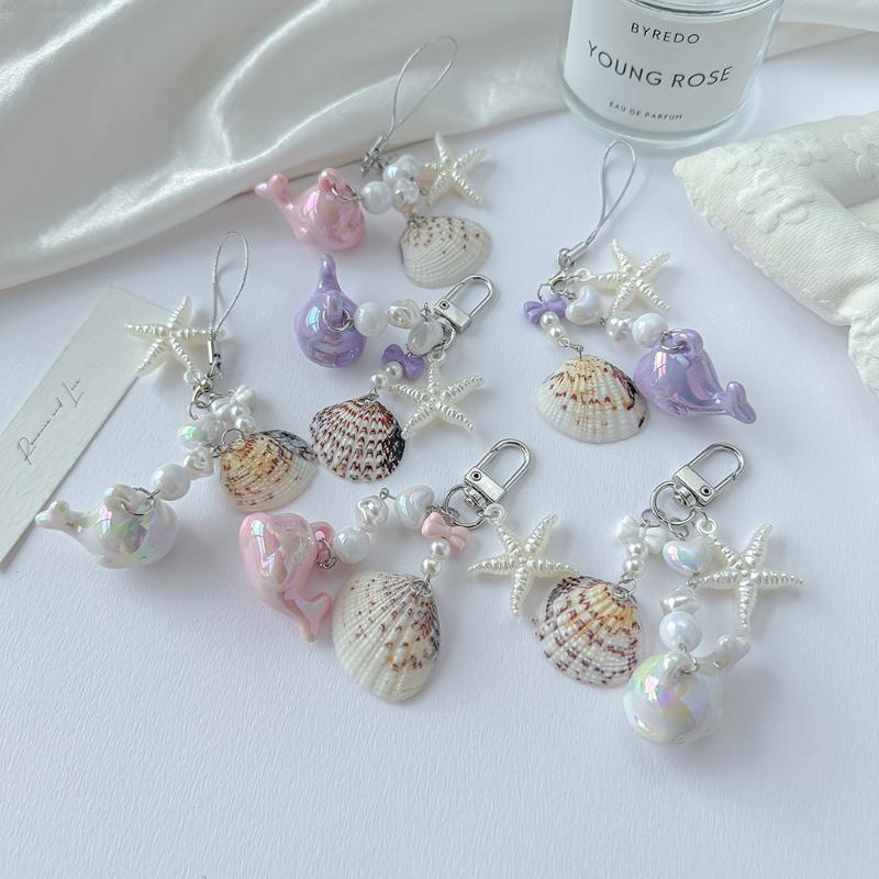 Y2K Cute Whale Shell Starfish Lanyard Phone Charms Ins Style Beaded Keychain Mobile Phone Camera Charms For Girl Gifts