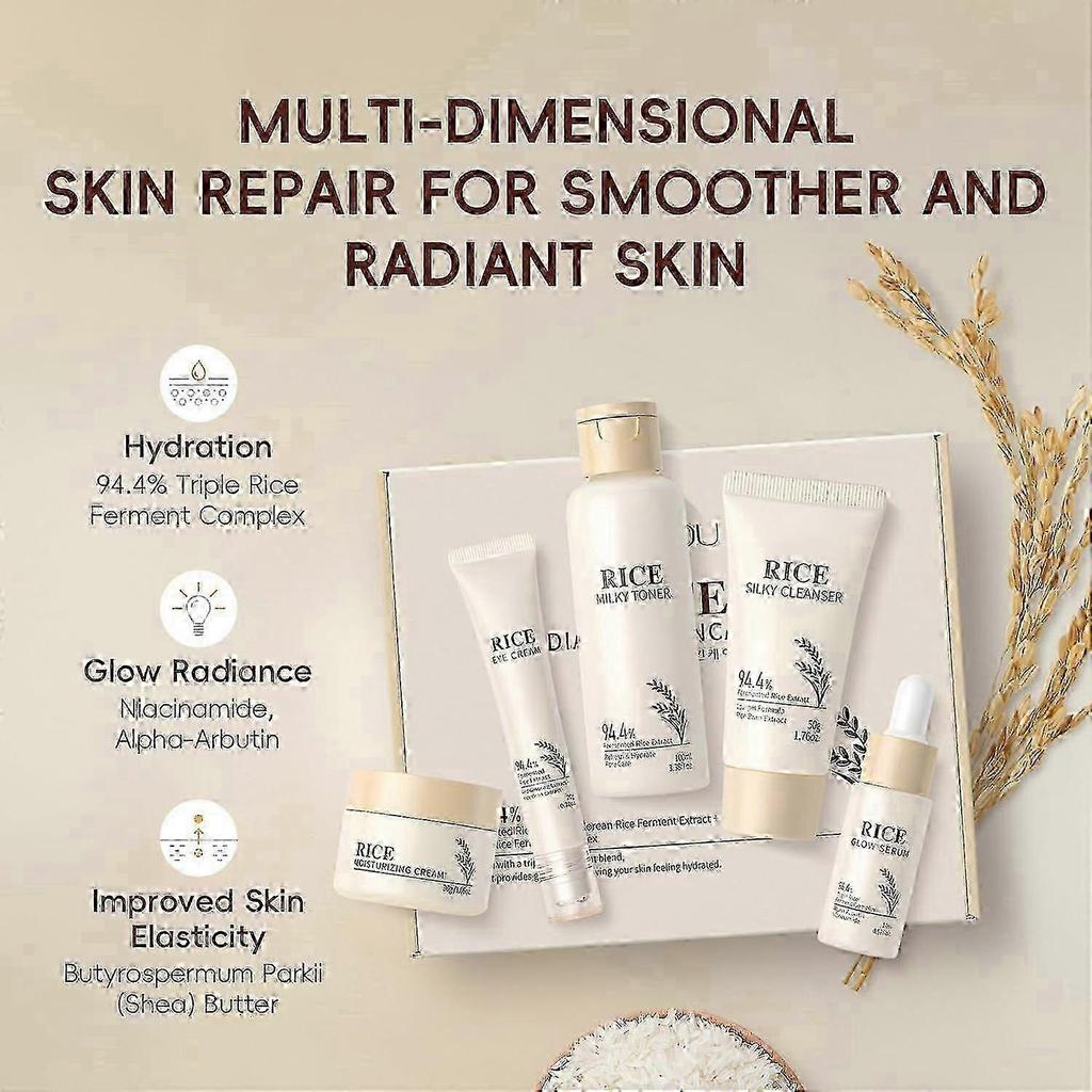 Koreanisches Hautpflege-Set, Glass Skin Pflege-Set, Reis-Hautpflege-Set - Reisreiniger, Toner, Serum, Creme, Augencreme, Gesichts-Set für strahlende Haut, G