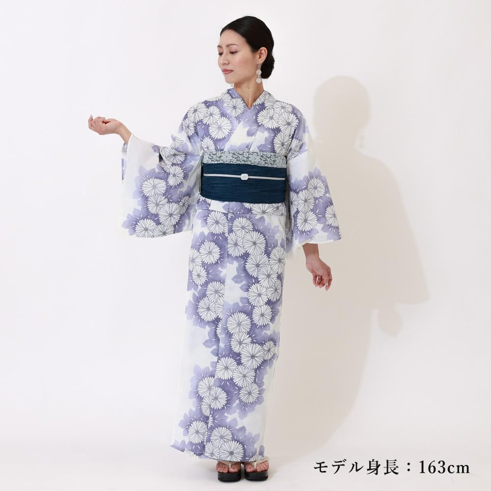 Kyoto Kimono Yuzen Women's Yukata Set (2-Piece Set) with Obi, Floral Print, White, Modern, Purple, and Chrysanthemum Design