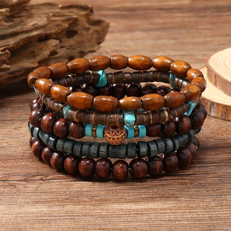 Minimalist Chic Men's Wood Bead Bracelet Set (5pcs) – No Plating/No Mosaic Spiritual Accessory, Perfect Holiday/Birthday Gift