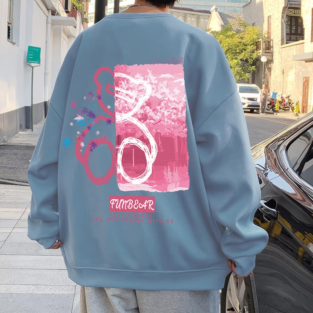 Aaronlive Round Collar Long Sleeve Plus Cute Bear Popular Pullover Loose Size Blue Men's Hoodie, Sizes, Print, Sweatshirt, Casual, Comfortable, Fit,