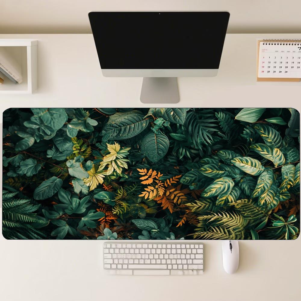 Desk Mat Vintage Golden Tropical Jungle Leaf Print Stitched Edge Anti‑Slip Rubber Base for Gaming Working Home Office Table Use