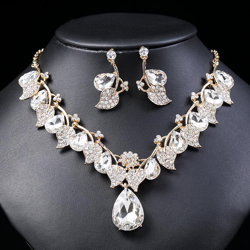 Ethnic Style Retro Gemstone Necklace & Leaf Water Drop Jewelry Set