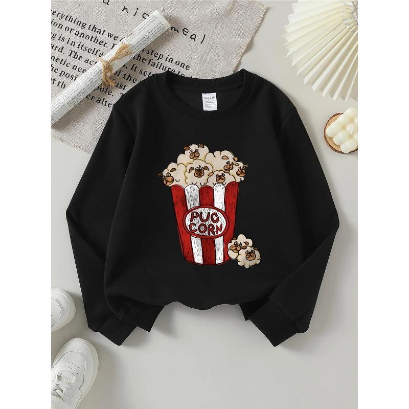 European Sizes Kids' Round-Neck Hoodie - Pug Faces Popcorn Bucket Design | , Sportswear and Casual Wear, Soft and Comfortable, Playful Design