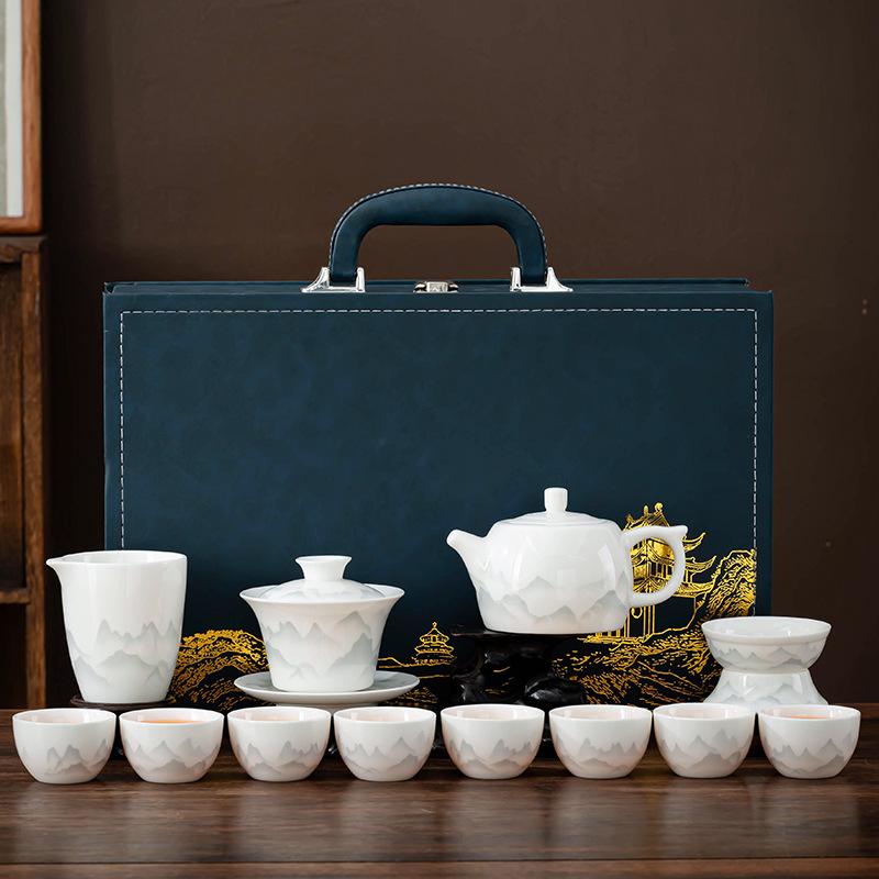 Ink landscape white porcelain tea set full set suet jade home office teapot
