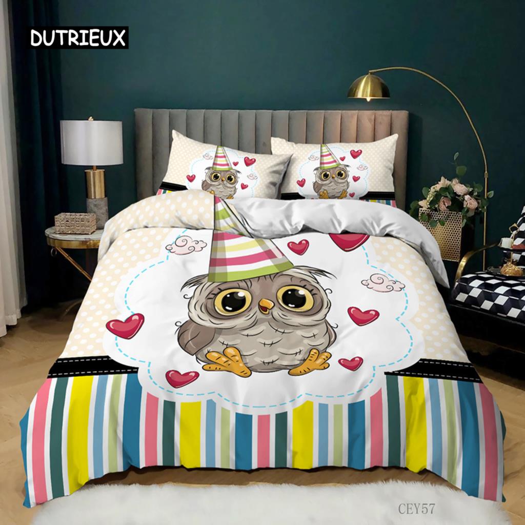 Cartoon Owl Duvet Cover Set King Size Owls In Love Print Cute Partners Couples Twin Bedding Set Soft Microfiber Comforter Cover