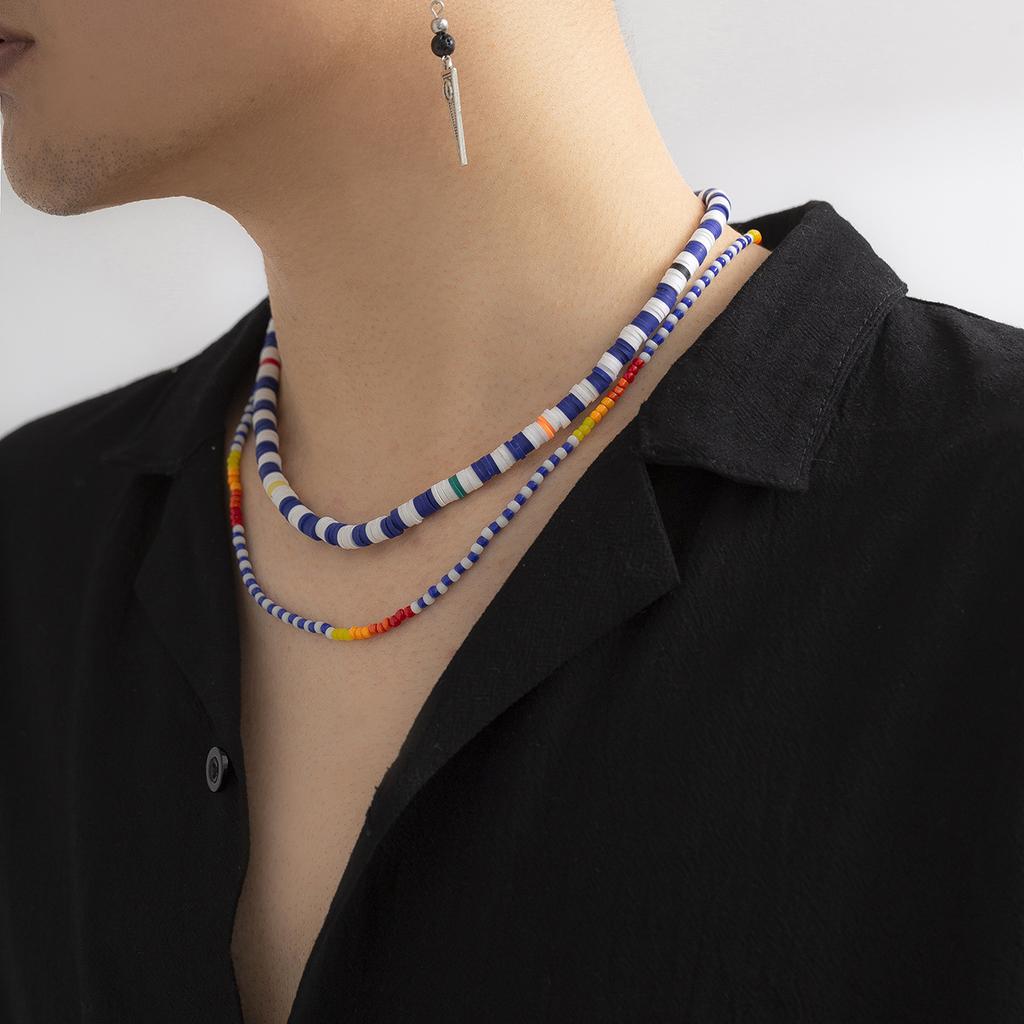 Bohemian Multi-layer Colorful Soft Clay Small Bead Necklace for Men Double-layer Stacked Jewelry