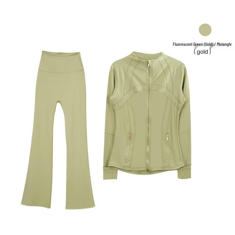 In Stock: Women's Gold Jacket & Flare Pants - High Stretch, Slimming Sports Yoga Set