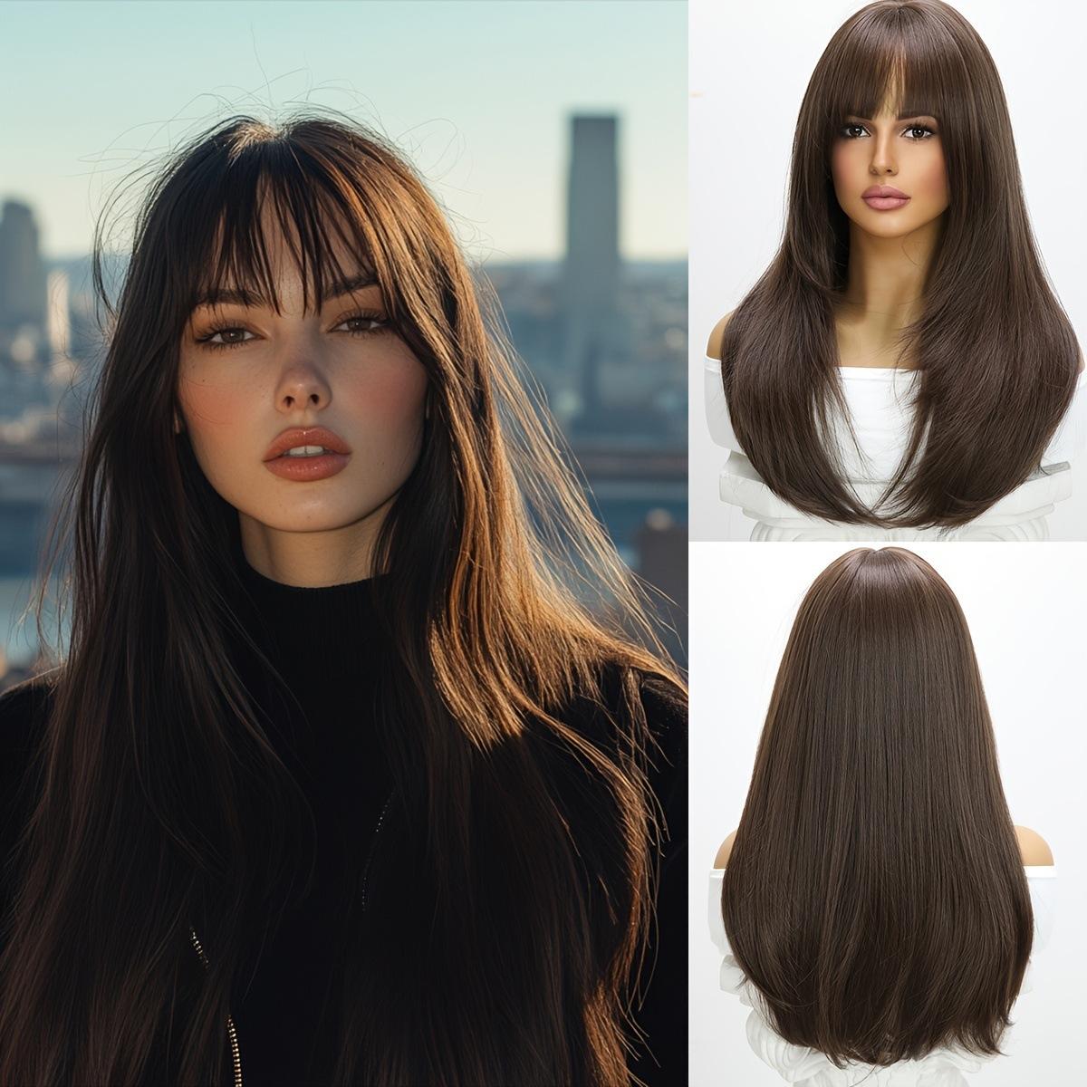 Brūnas blondas sintētiskas parūkas ar čolku