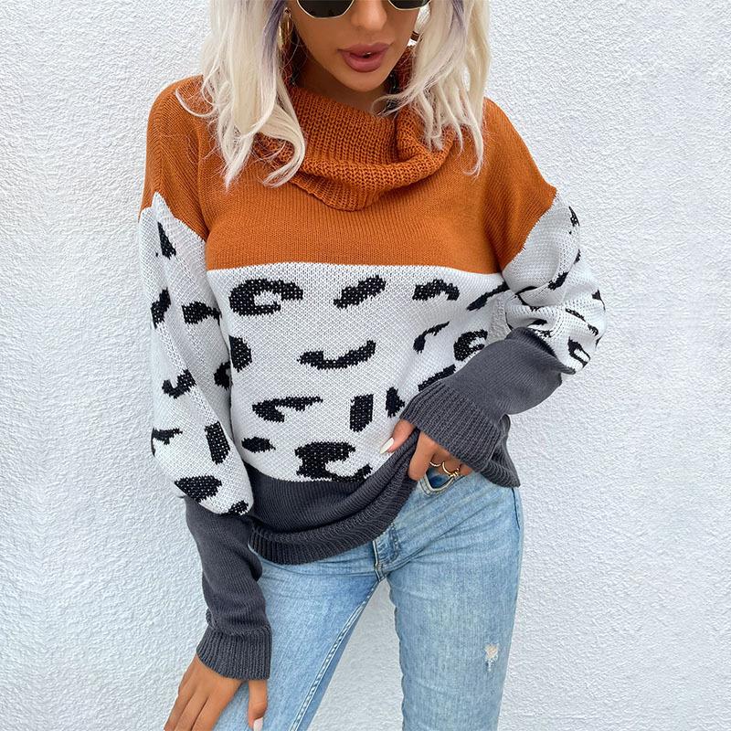 Vintage Fashion Elegant Casual Autumn and Winter Women's Leopard Print Color Collision Long-sleeved Pullover Sweater Women