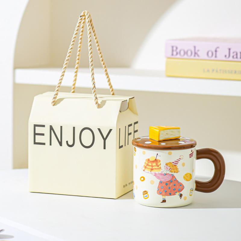 Dessert Bread Boy Girl Ceramic Mug Couple Cup Water Cup with Lid Cute Cup Underglaze Color for Girls