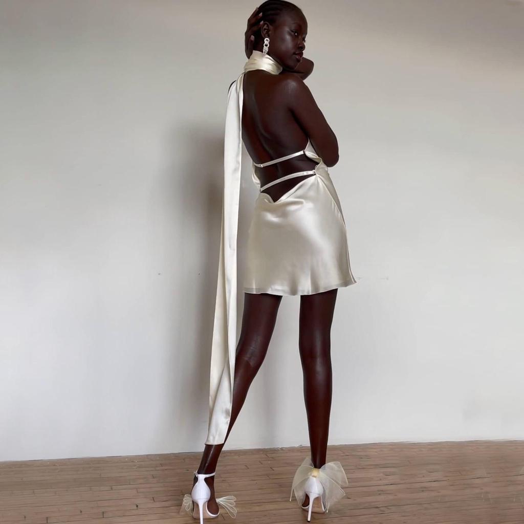 Elegant Cross-Border Satin Dress: Sexy Backless Short Skirt with Adjustable Halter Neck