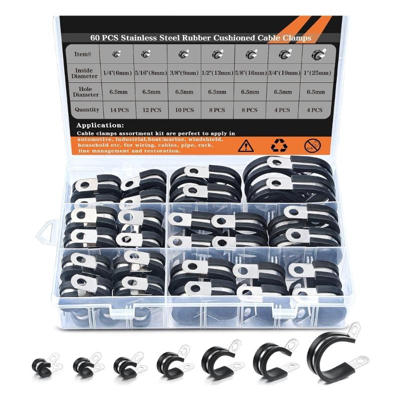 Multipurpose 60Pcs Stainlesses Steel and Rubber Cable Clamps in Multiple Size for Tube and Wire Fixation with Screws