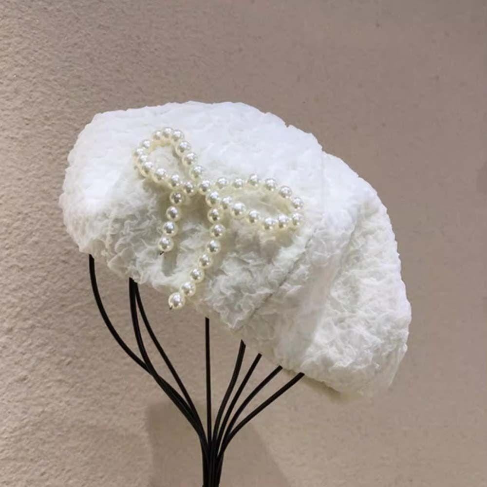 Street Style Pearls Bow Soft Hat Y2K Octagonal Brimless Hat Simple Women Artist Hat Work