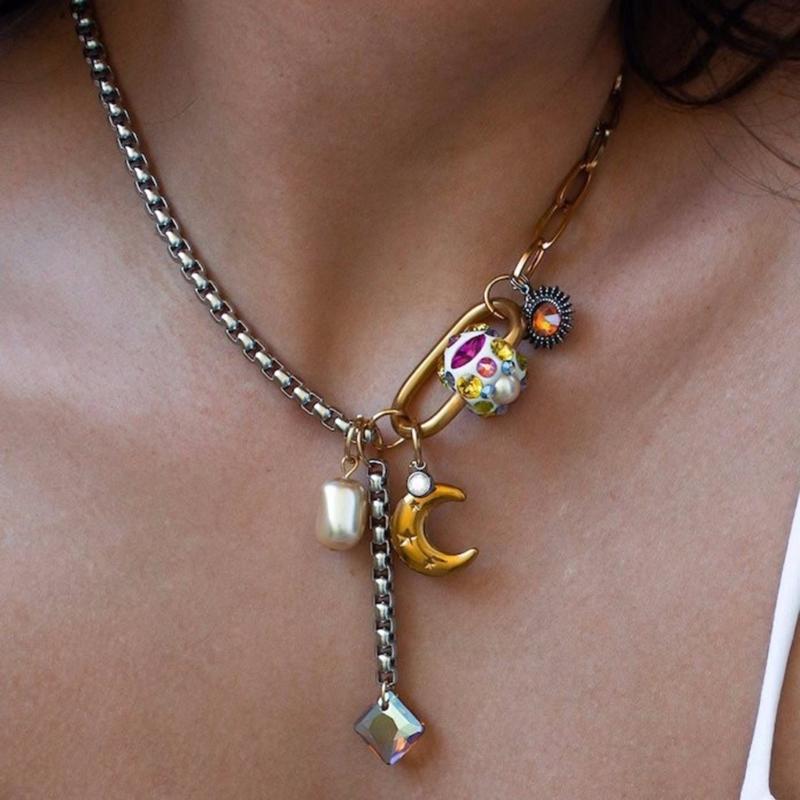 Stylish Splicing Pendant Clavicle Chain Jewelry Titanium Steel Necklace with Moon Star Pearls for Everyday Wear