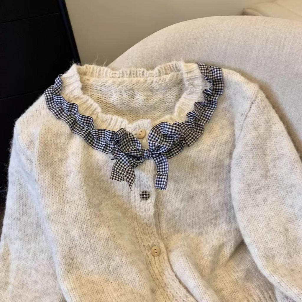 Korean Ruffle Plaid Bow Cardigan - Women's Chic Fall/Winter Long Sleeve Knit Top