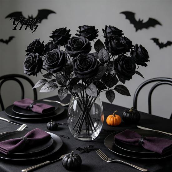 Long Stem Faux Flowers Realistic Silk Black Roses with Stems for Wedding Centerpieces, Halloween Home Decor, Artificial Floral Arrangements