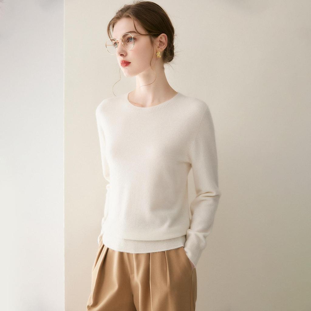 Women's Versatile 100% Cashmere Sweater – Round Neck, Loose Knit Base Layer for Autumn/Winter