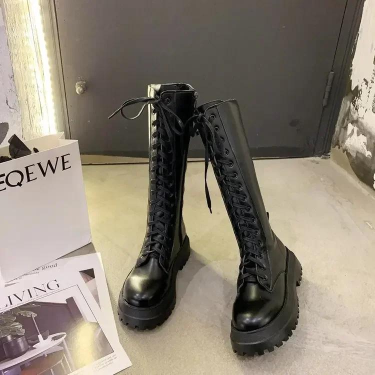 Women Motorcycle Boots Wedges Flat Shoes Woman High Heel Platform PU Leather Boots Lace Up Women Shoes Black Boots Girls2025