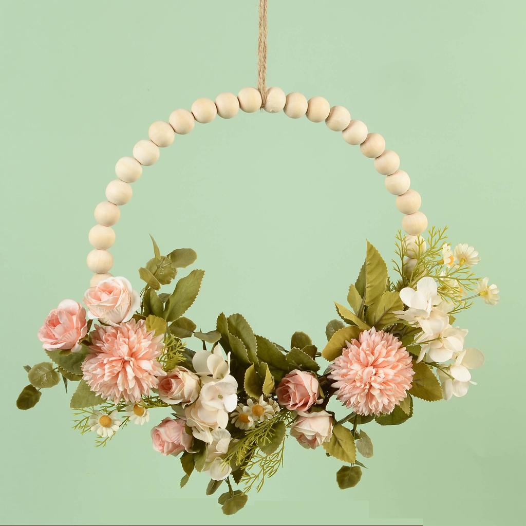 Wood Beads Artificial Flower Wreath for Front Door Spring Wreath for Wedding Valentines Indoor and Outdoor Decoration