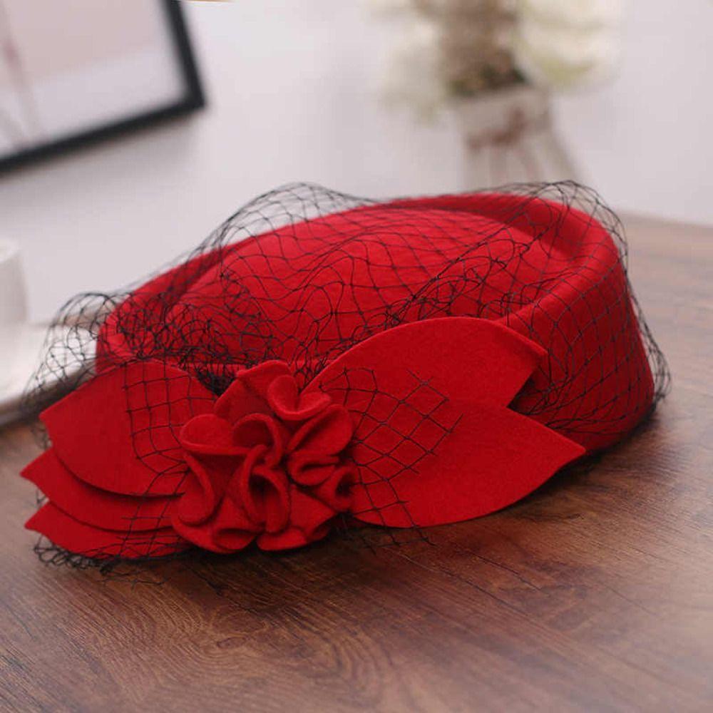 Flower Mesh Topper Hat Solid Color Woolen Beret Woolen Top Hat Formal Hat Performances