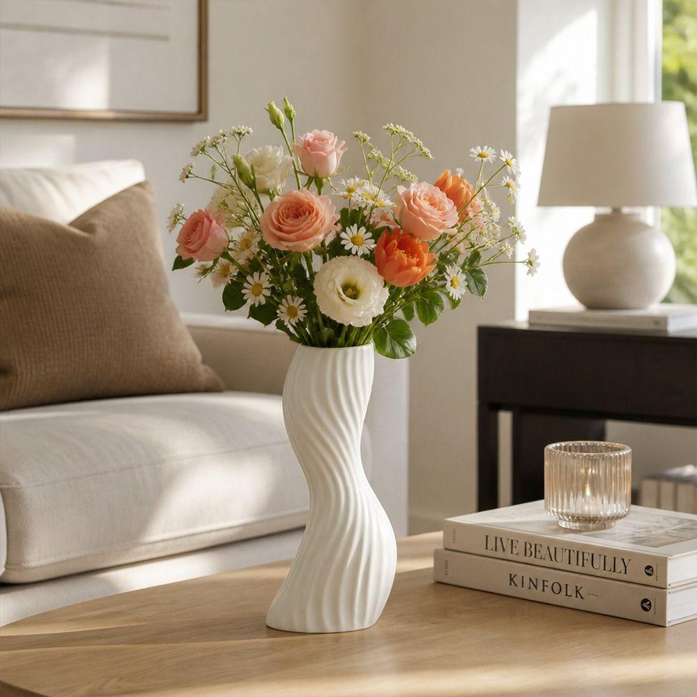 Plastic Imitation Ceramic Vase Wave Shape Curved Wave Vase Durable Flower Vase  Home Decoration