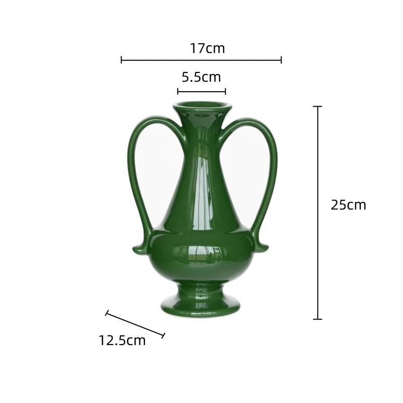 Green Ceramic Vase Vintage Double-eared Ceramic Bottle Flower Arrangement Accessories Flower Vase Home Decoration