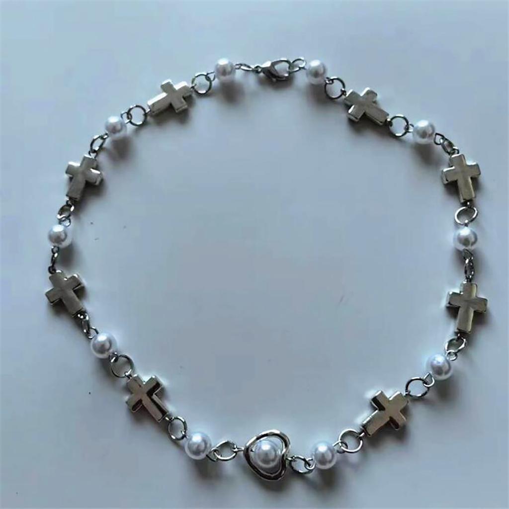Women's Fashion Necklace with Pearls Bead Stylish Beaded Necklace Jewelry Delicate Crosses Heart Neckchain Ornament