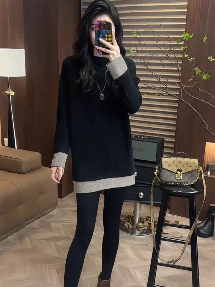 Spring/Autumn Women's Brushed Faux Two-Piece Long Sleeve T-Shirt - Thick Mid-Length Loose Top