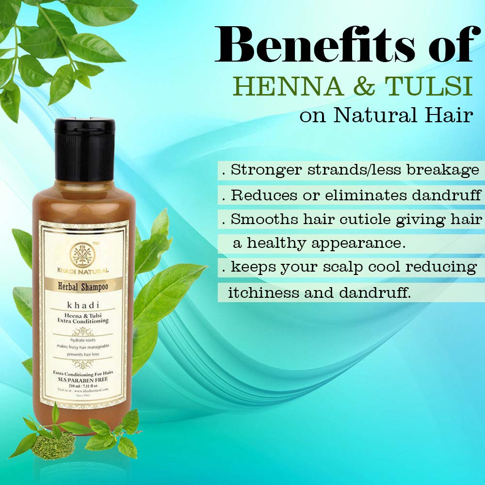 Khadi Herbal Natural Herbal Henna Tulsi Shampoo 210 Ml For Hair Growth, Anti Hair Fall, All Hair Types
