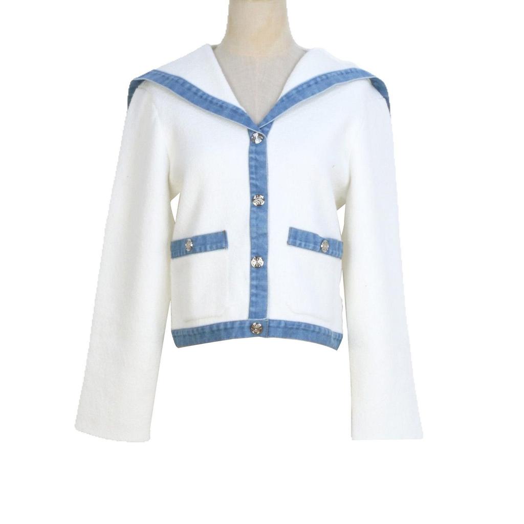 2025 French Preppy Patchwork Denim & Knit Cardigan Short Set