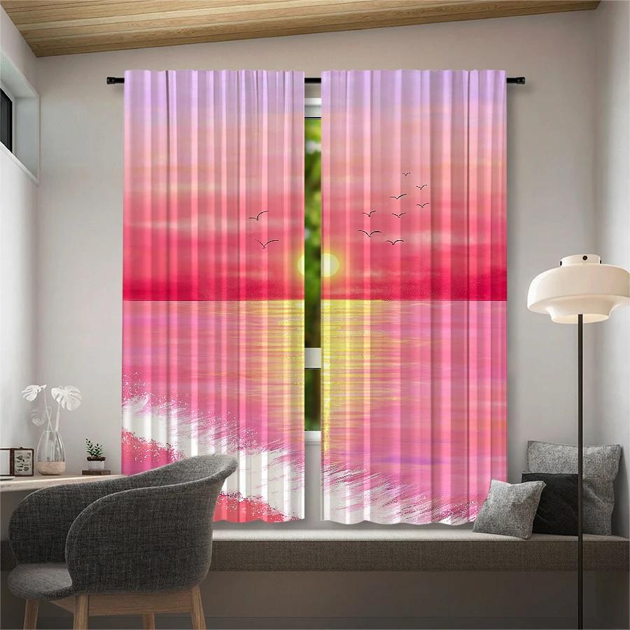 Beach Under Pink Sunset Printed Curtains Christmas Decorations Daily Home Room Curtain Polyester