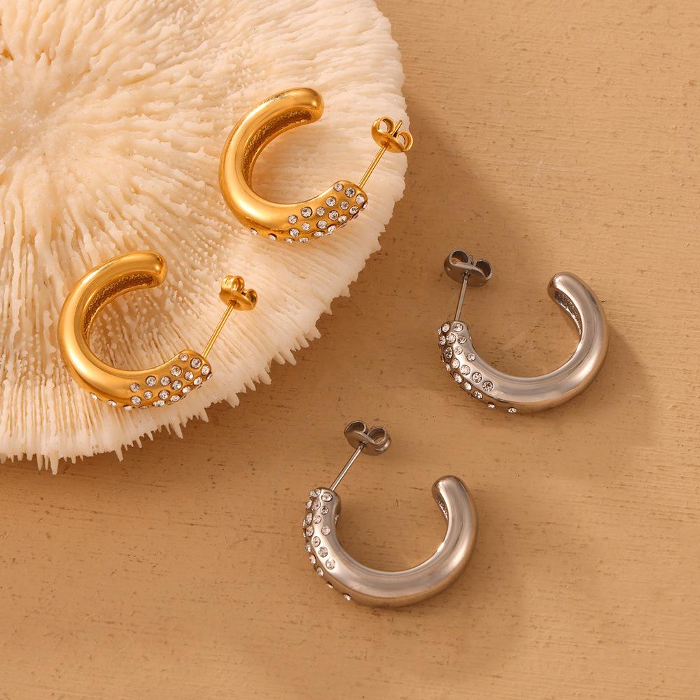 C-Shaped Glossy Diamond-Encrusted Earrings, Personalized Versatile Design Sense, Titanium Steel Gold-Plated Stud Earrings, Earrings, Women