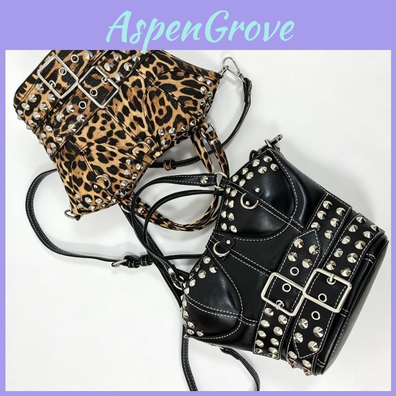 Punk Style Studded Leather Crossbody Bag With Zipper Closure For Daily Use