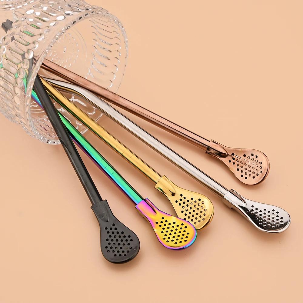 8Pcs/Set Coloful Stainless Steel Drinking Straws Washable Reusable Yerba Mate Spoon Filter Straw for Cocktail Bar Accessories