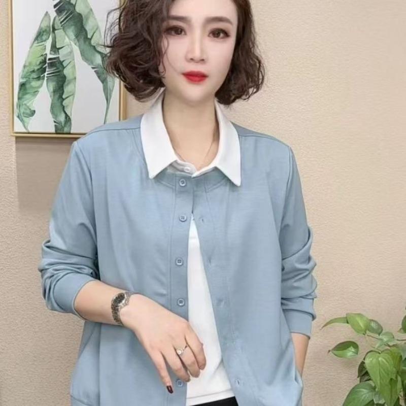

Middle-aged Mother Fashionable Cardigan Shirt Casual Temperament Age-reducing Long-sleeved Top Women s Clothing M синий